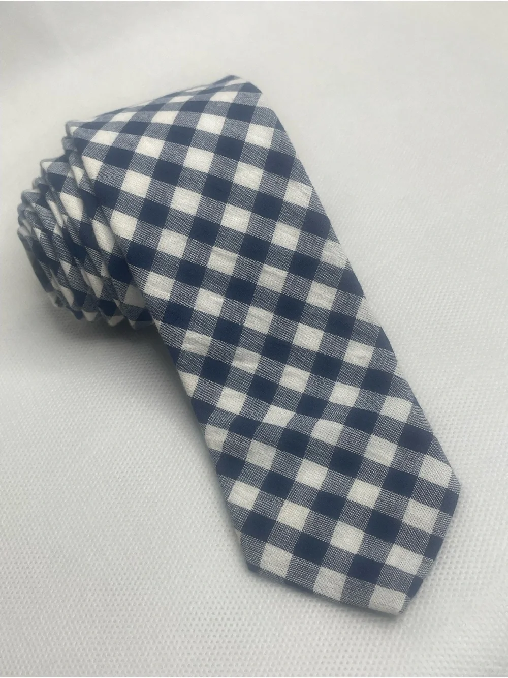 J. Crew The Gingham Slim Cotton Tie 2.25” Necktie Skinny Navy Blue White Checked